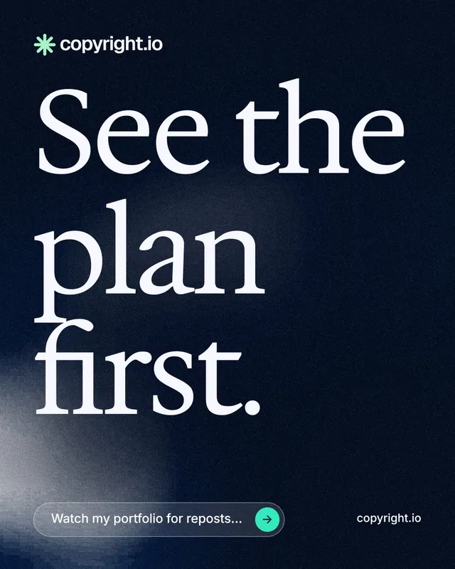 Instagram portrait post for copyright.io: "See the plan first." Thermal style, poster layout, dark palette in black, blue, grey.