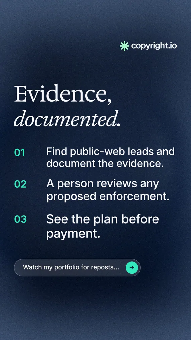 Instagram story for copyright.io: "Evidence, documented." Agentic glass style, numbered layout, dark palette in blue, black.