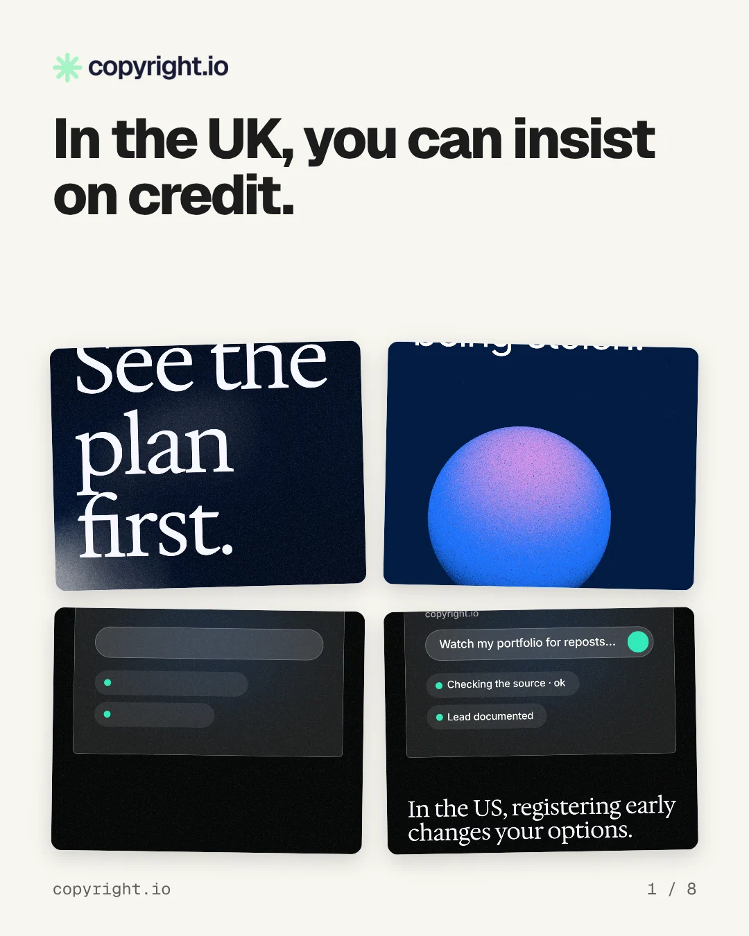 Carousel for copyright.io: "In the UK, you can insist on credit.". Collection carousel, 8 slides, light palette.