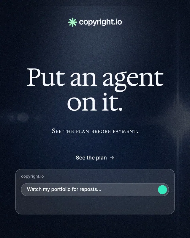 Instagram portrait post for copyright.io: "Put an agent on it." Dark deco style, smallcaps layout, dark palette in black, blue, grey.