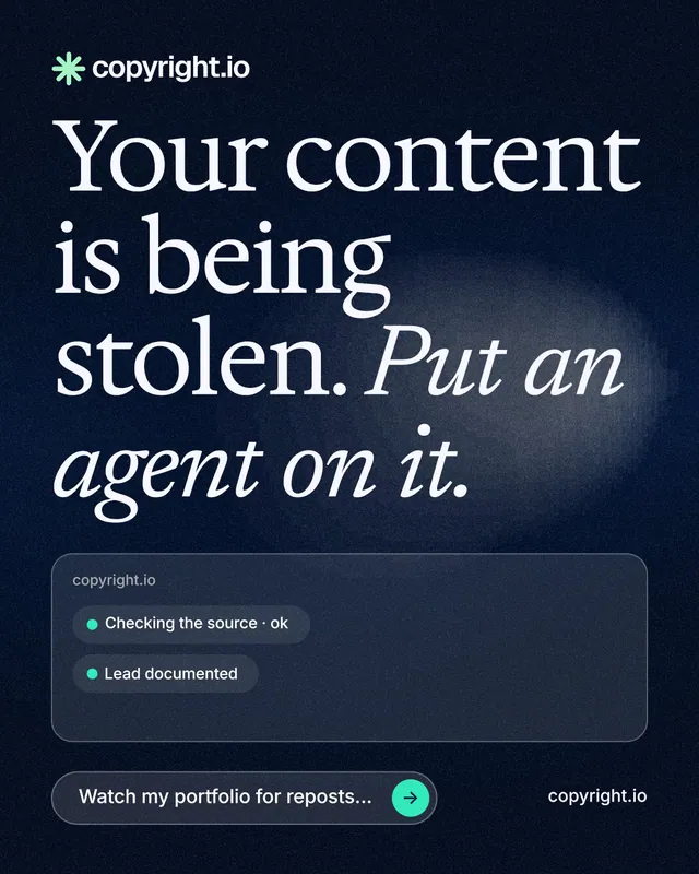 Instagram portrait post for copyright.io: "Your content is being stolen. Put an agent on it." Thermal style, poster layout, dark palette in blue, black, grey.