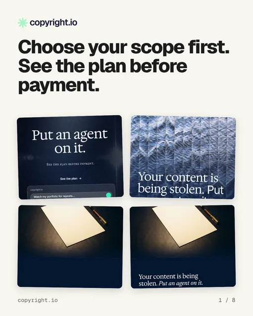 Carousel for copyright.io: "Choose your scope first. See the plan before payment.". Collection carousel, 8 slides, light palette.