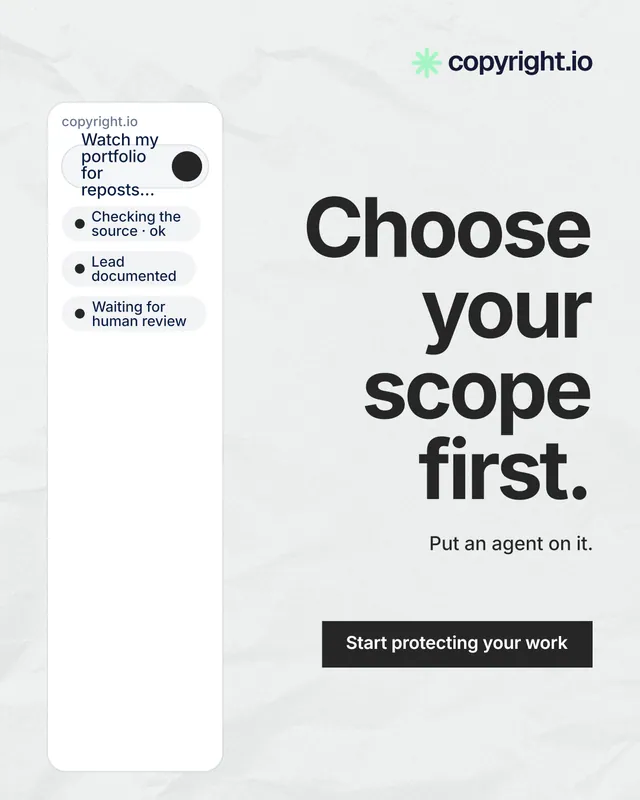 Instagram portrait post for copyright.io: "Choose your scope first." Swiss style, right layout, light palette in white, grey.