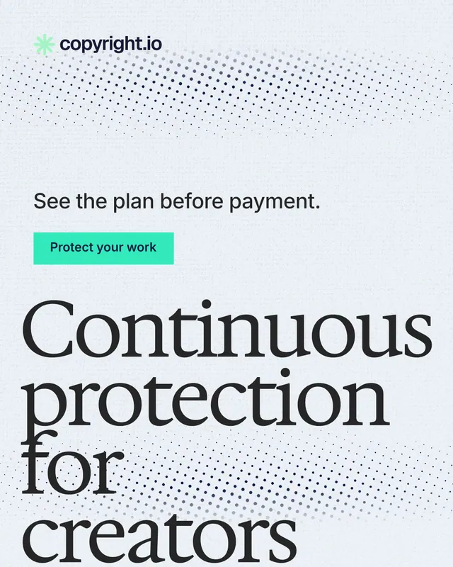 Instagram portrait post for copyright.io: "Continuous protection for creators." Swiss style, oversized layout, light palette in white, blue, grey.