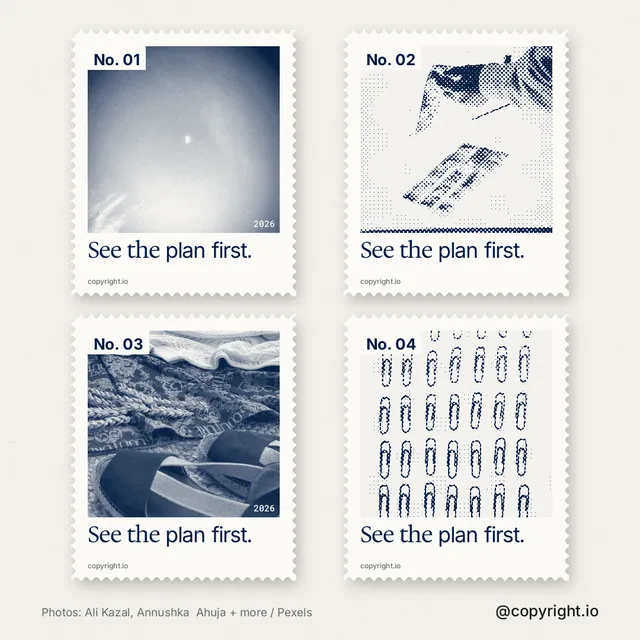 Instagram post for copyright.io: "See the plan first." Sheet style, technique:stamp series layout, light palette in white, grey.