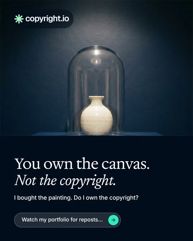 Instagram portrait post for copyright.io: "You own the canvas. Not the copyright." Agentic glass style, bottom layout, dark palette in blue, black, grey.