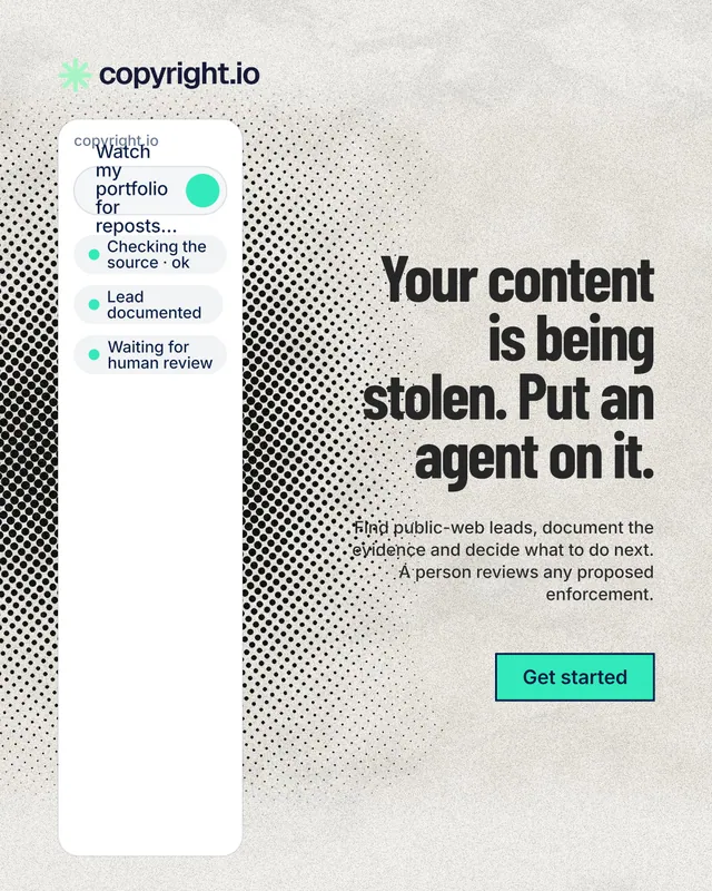 Instagram portrait post for copyright.io: "Your content is being stolen. Put an agent on it." Ink sticker style, right layout, light palette in white, grey.