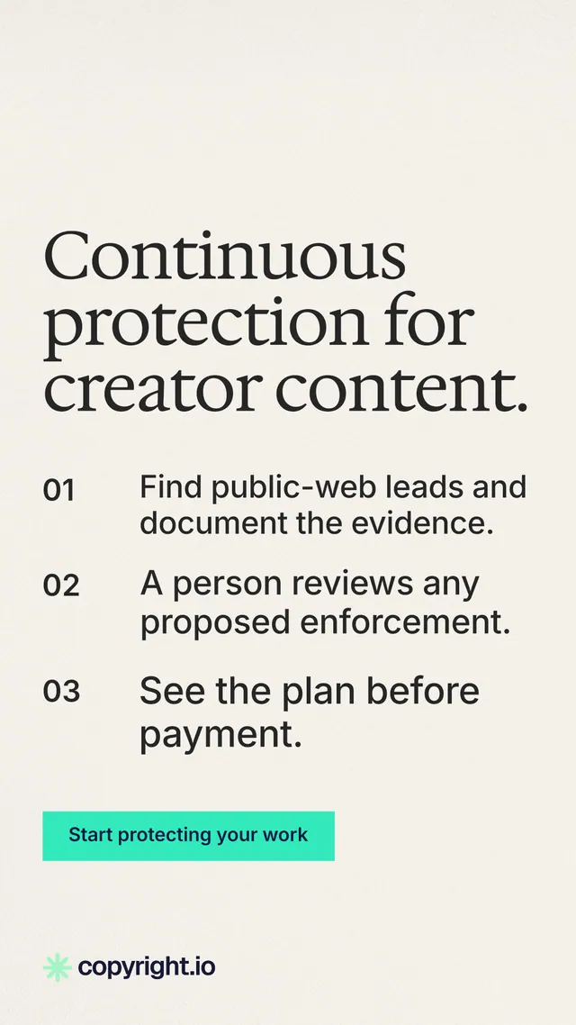 Instagram story for copyright.io: "Continuous protection for creator content." Swiss style, numbered layout, light palette in white, grey, green.
