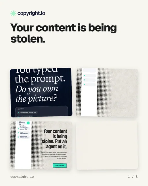 Carousel for copyright.io: "Your content is being stolen.". Collection carousel, 8 slides, light palette.