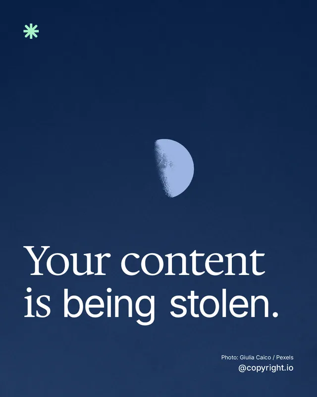 Instagram portrait post for copyright.io: "Your content is being stolen." Duotone style, technique:pexels ingredient layout, dark palette in blue.