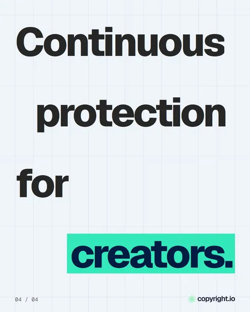 Video for copyright.io: "Continuous protection for creators.". Kinetic type grid, 6.0 s, light palette.