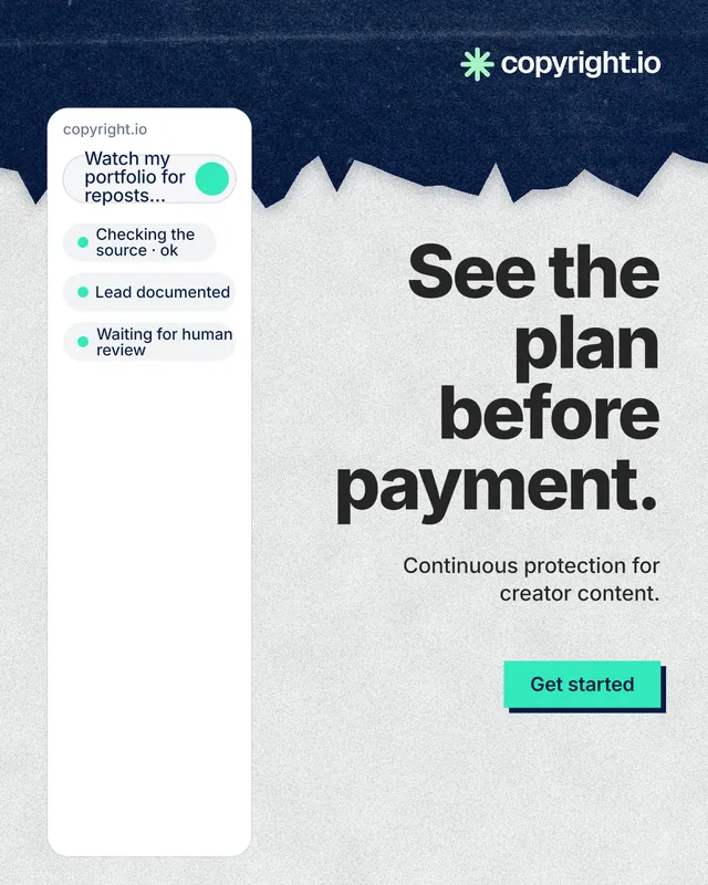 Instagram portrait post for copyright.io: "See the plan before payment." Paper trio style, right layout, light palette in white, blue.