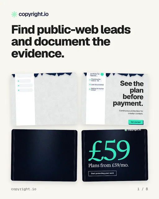 Carousel for copyright.io: "Find public-web leads and document the evidence.". Collection carousel, 8 slides, light palette.