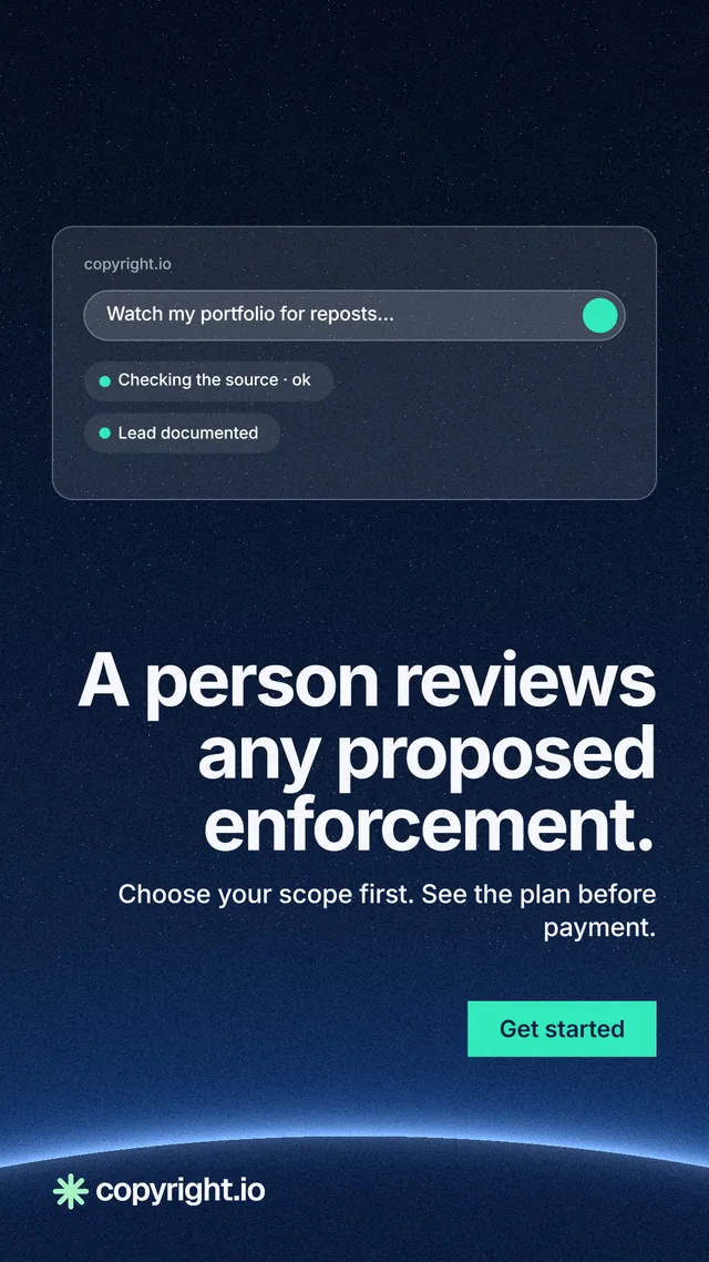 Instagram story for copyright.io: "A person reviews any proposed enforcement." Swiss style, right layout, dark palette in blue, black.