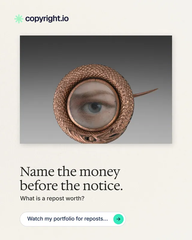 Instagram portrait post for copyright.io: "Name the money before the notice." Agentic glass style, bottom layout, light palette in grey, white.
