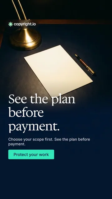 Video for copyright.io: "See the plan before payment.". Doc motion loop, 7.0 s, dark palette.