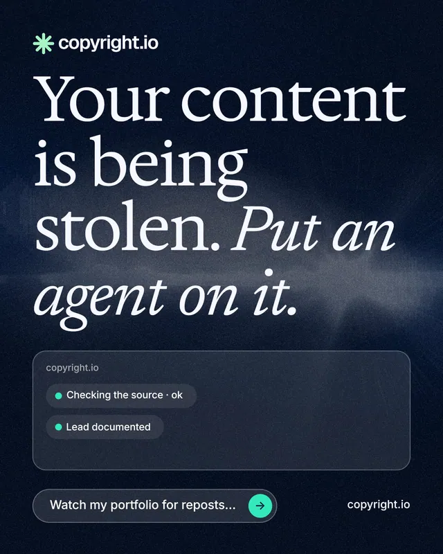 Instagram portrait post for copyright.io: "Your content is being stolen. Put an agent on it." Thermal style, poster layout, dark palette in blue, black, grey.