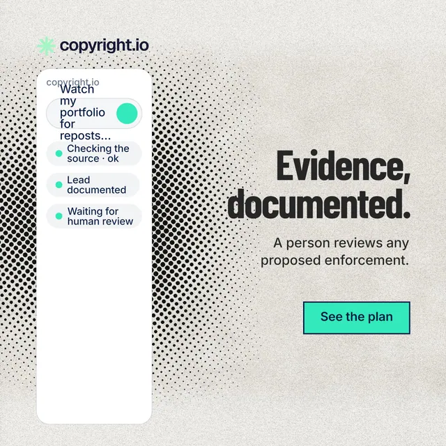 Instagram post for copyright.io: "Evidence, documented." Ink sticker style, right layout, light palette in white, grey.