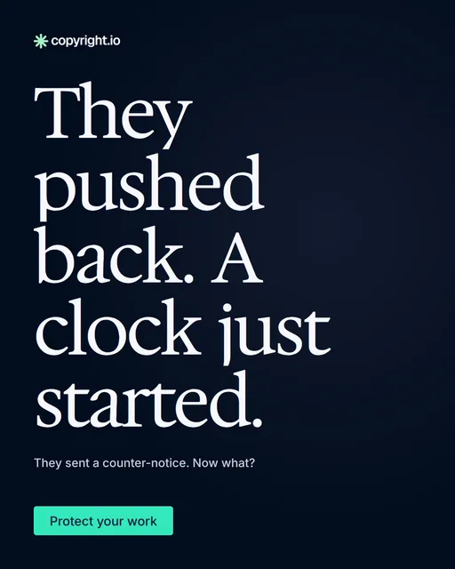 Video for copyright.io: "They pushed back. A clock just started.". Doc motion loop, 8.0 s, dark palette.