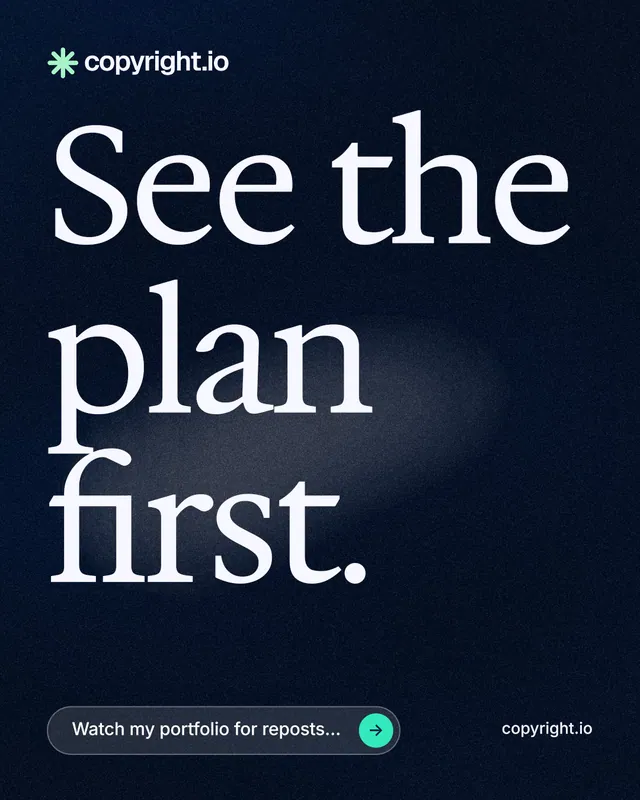 Instagram portrait post for copyright.io: "See the plan first." Thermal style, poster layout, dark palette in black, blue, grey.