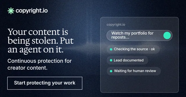 Social ad for copyright.io: "Your content is being stolen. Put an agent on it." Dark deco style, bottom layout, dark palette in blue, black, grey.