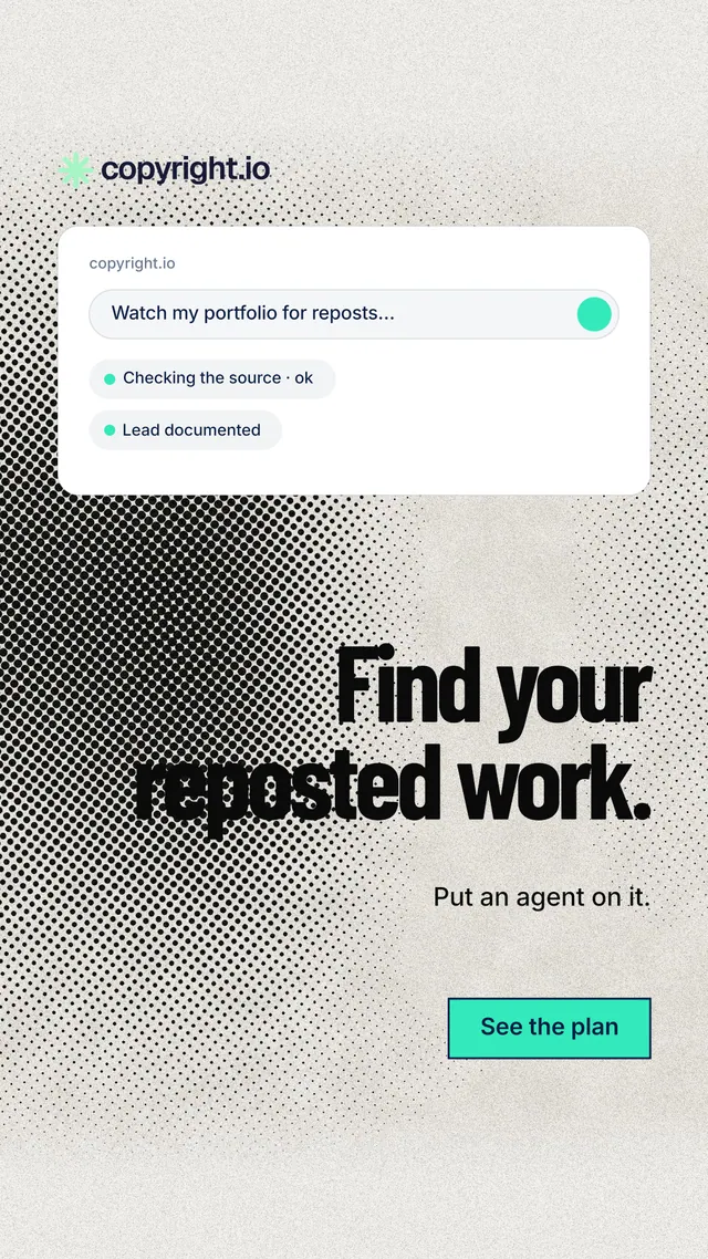 Instagram story for copyright.io: "Find your reposted work." Ink sticker style, right layout, light palette in white, grey.