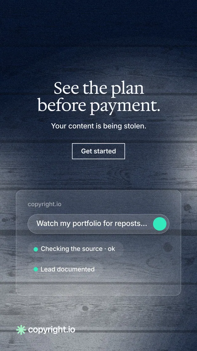 Instagram story for copyright.io: "See the plan before payment." Cyanotype style, centred layout, dark palette in blue, black, grey.