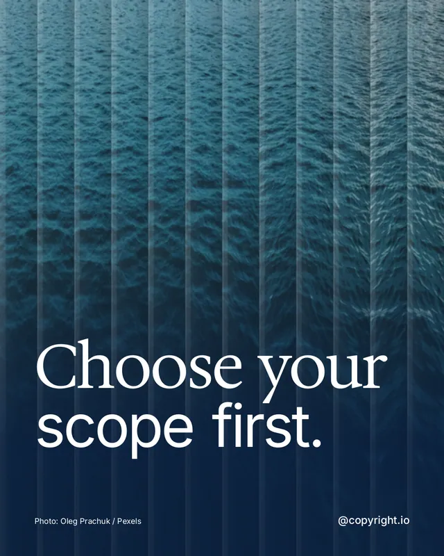 Instagram portrait post for copyright.io: "Choose your scope first." Photo style, technique:fluted glass layout, dark palette in blue.