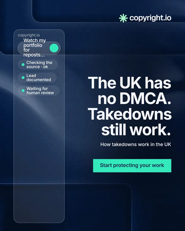 Instagram portrait post for copyright.io: "The UK has no DMCA. Takedowns still work." Swiss style, right layout, dark palette in blue, black.