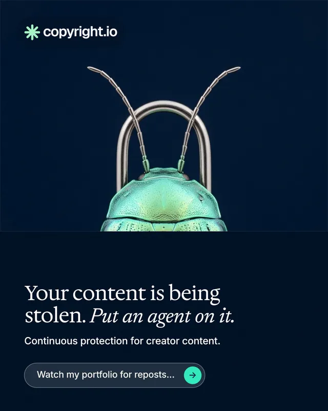 Instagram portrait post for copyright.io: "Your content is being stolen. Put an agent on it." Agentic glass style, bottom layout, dark palette in black, blue.
