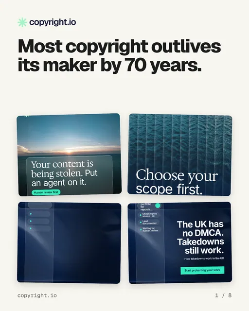 Carousel for copyright.io: "Most copyright outlives its maker by 70 years.". Collection carousel, 8 slides, light palette.