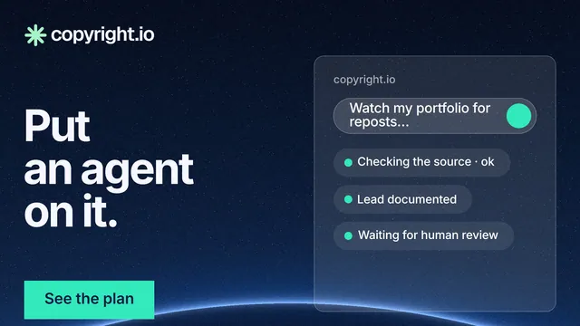 Landscape graphic for copyright.io: "Put an agent on it." Swiss style, bottom layout, dark palette in black, blue, teal.