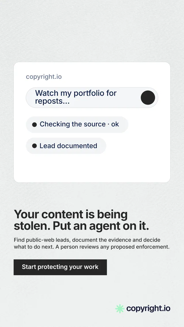 Instagram story for copyright.io: "Your content is being stolen. Put an agent on it." Swiss style, bottom layout, light palette in white, grey.