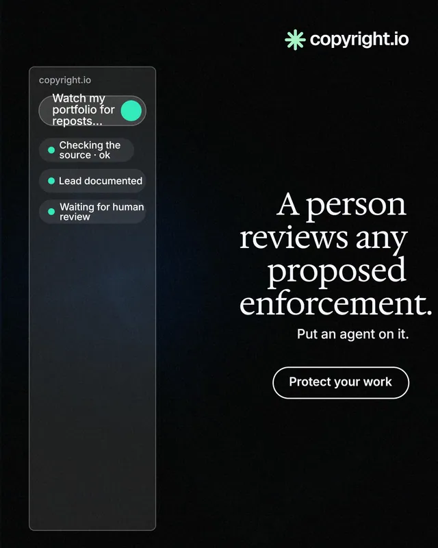Instagram portrait post for copyright.io: "A person reviews any proposed enforcement." Phosphor atlas style, right layout, dark palette in black.
