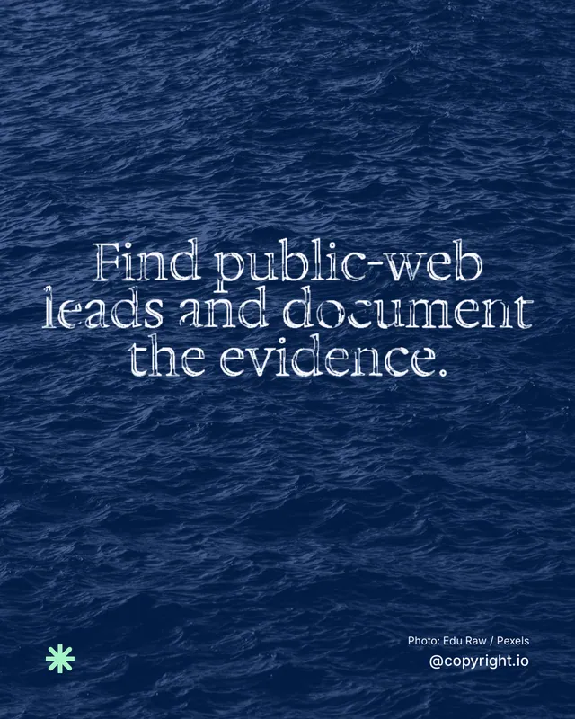 Instagram portrait post for copyright.io: "Find public-web leads and document the evidence." Scribble style, technique:raster type fx layout, dark palette in blue.