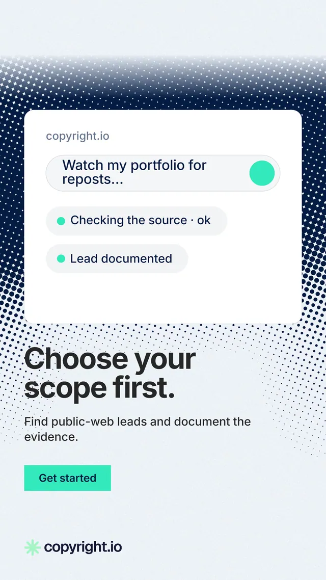 Instagram story for copyright.io: "Choose your scope first." Swiss style, bottom layout, light palette in white, blue, grey.