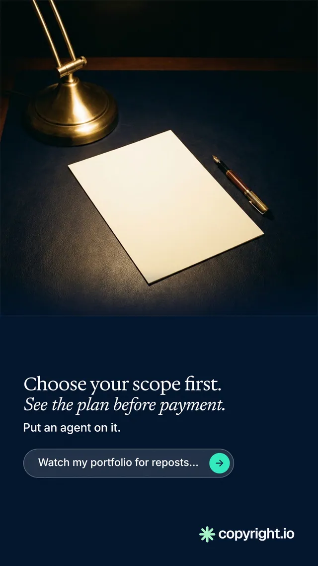 Instagram story for copyright.io: "Choose your scope first. See the plan before payment." Agentic glass style, bottom layout, dark palette in black, blue, grey.