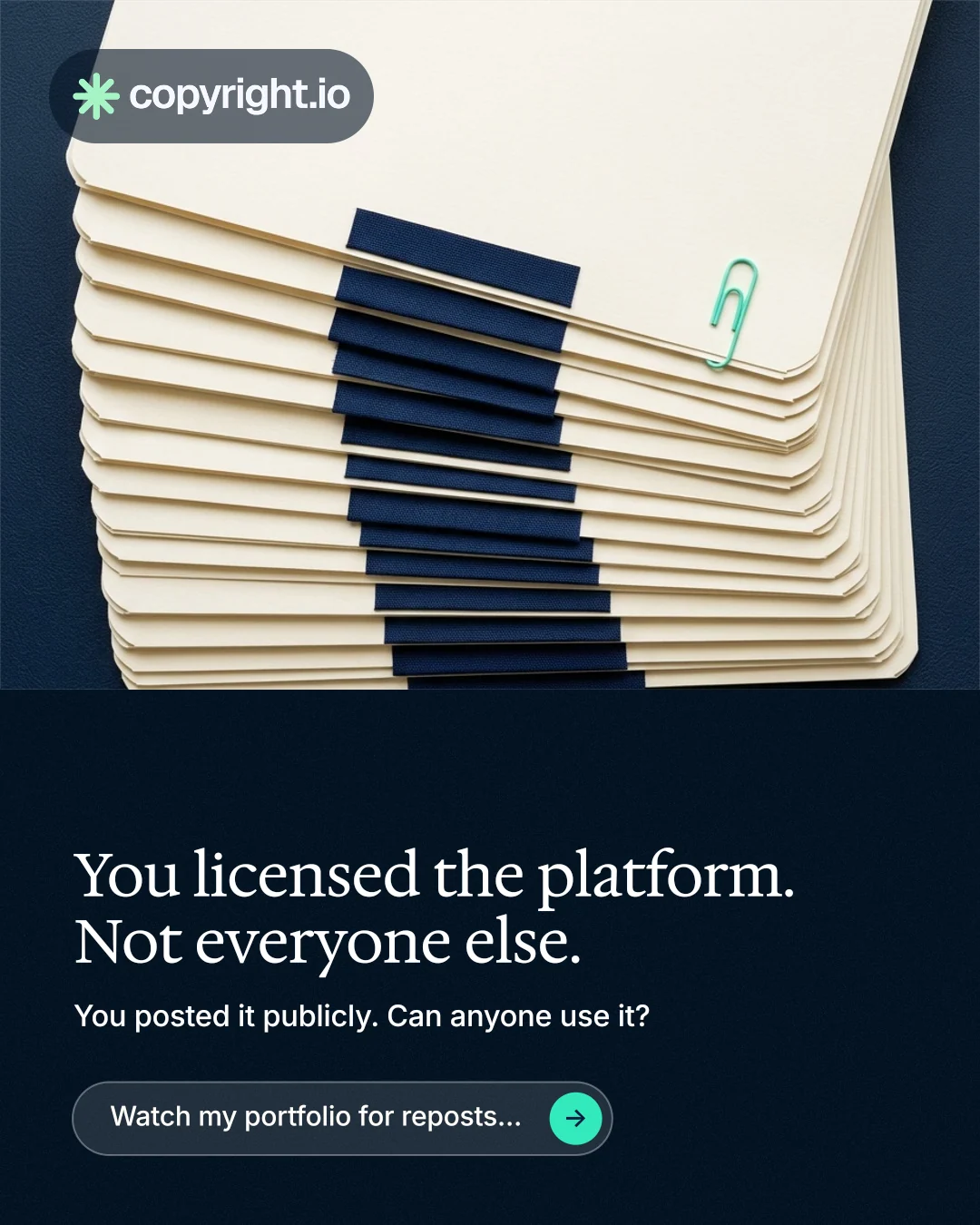 Instagram portrait post for copyright.io: "You licensed the platform. Not everyone else." Agentic glass style, bottom layout, dark palette in yellow, black, blue.