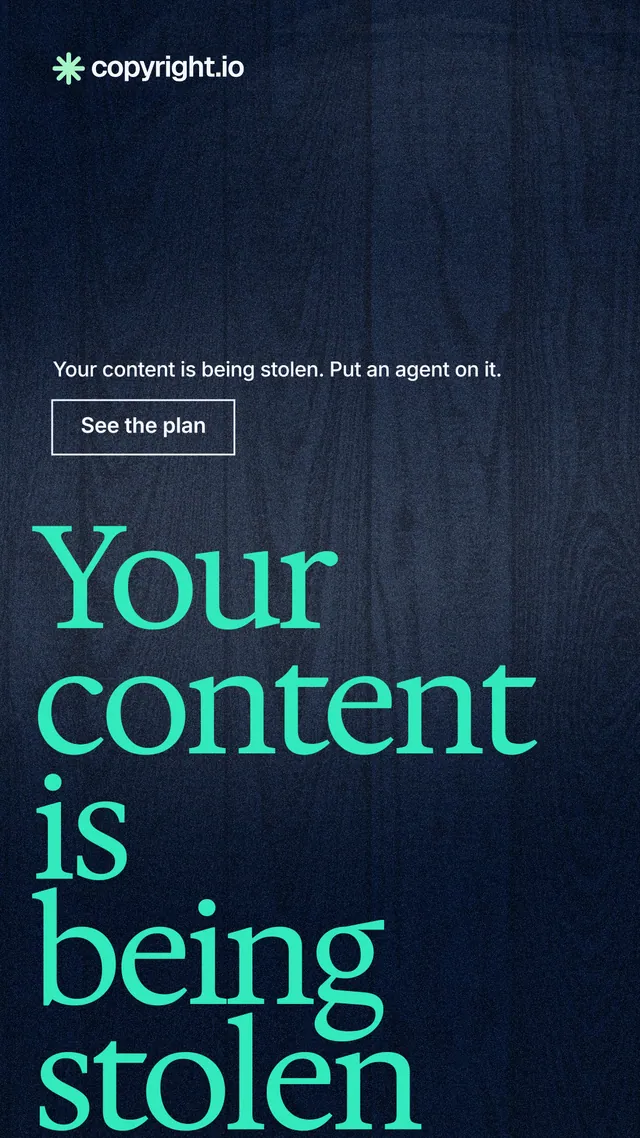 Instagram story for copyright.io: "Your content is being stolen." Cyanotype style, oversized layout, dark palette in black, blue, teal.