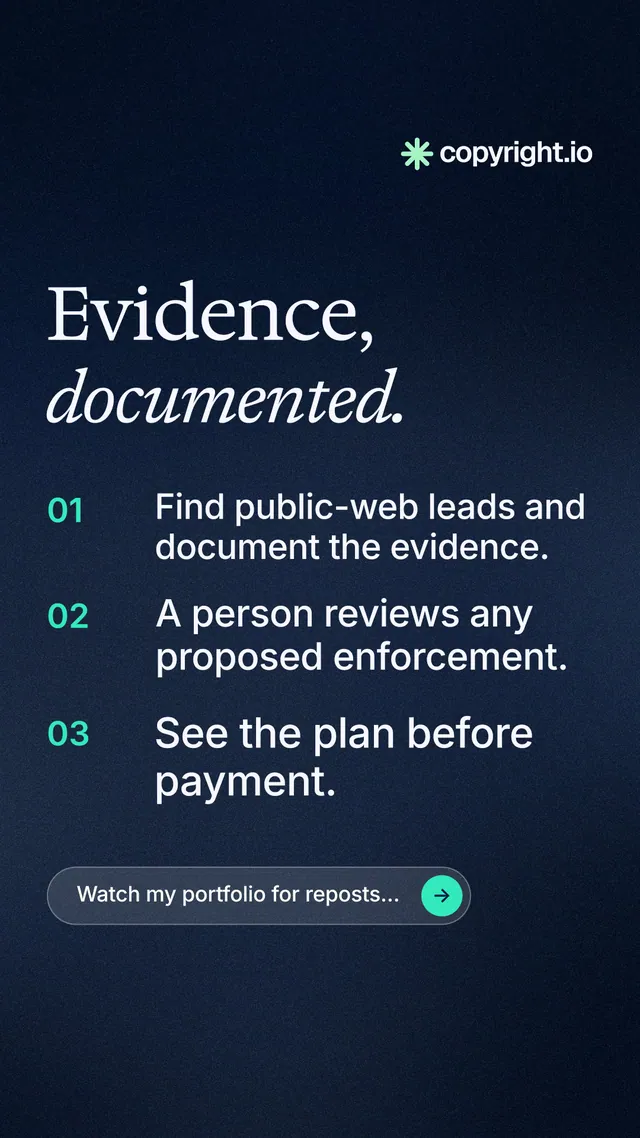 Instagram story for copyright.io: "Evidence, documented." Agentic glass style, numbered layout, dark palette in blue, black, grey.