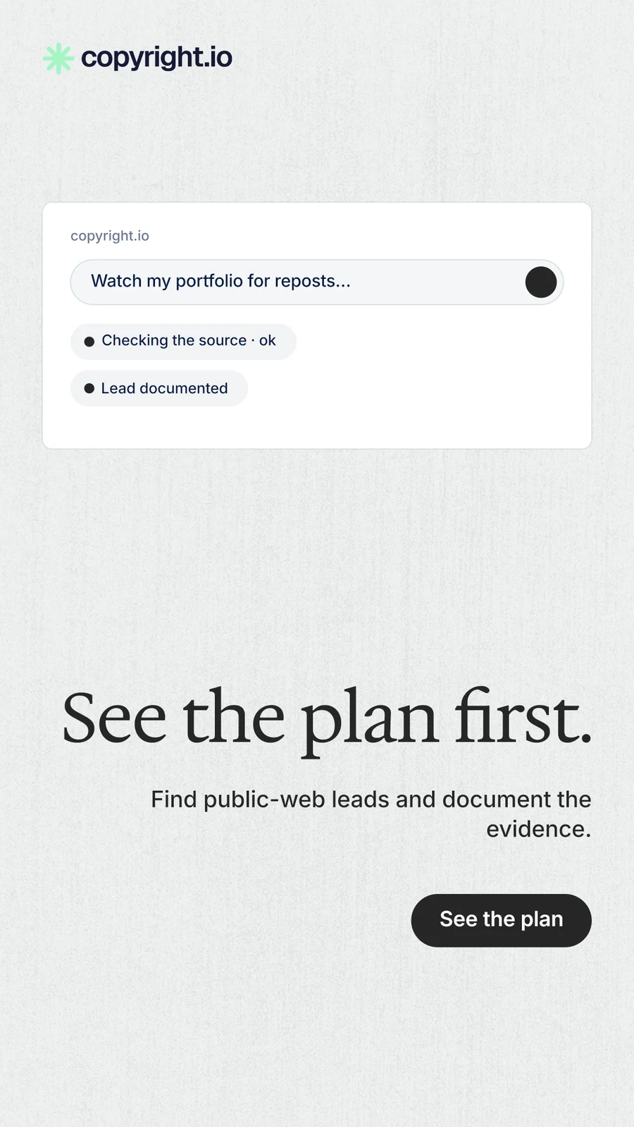 Instagram story for copyright.io: "See the plan first." Data card style, right layout, light palette in white, grey.