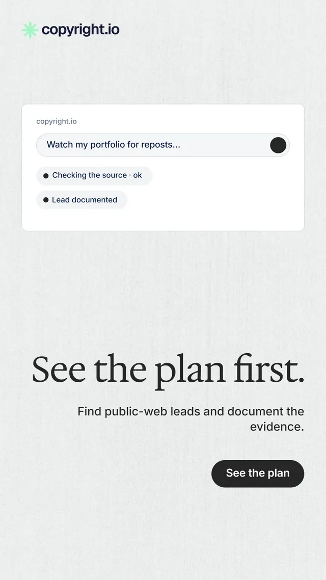 Instagram story for copyright.io: "See the plan first." Data card style, right layout, light palette in white, grey.