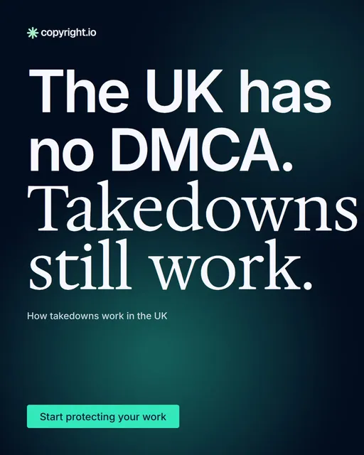 Video for copyright.io: "The UK has no DMCA. Takedowns still work.". Doc motion loop, 6.0 s, dark palette.