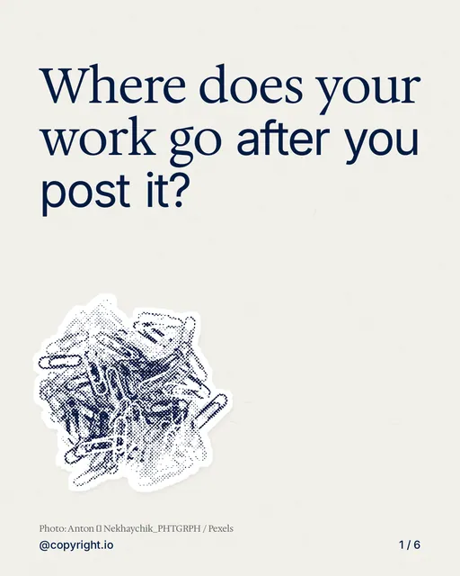 Carousel for copyright.io: "Where does your work go after you post it?". Cutout essay, 6 slides, light palette.