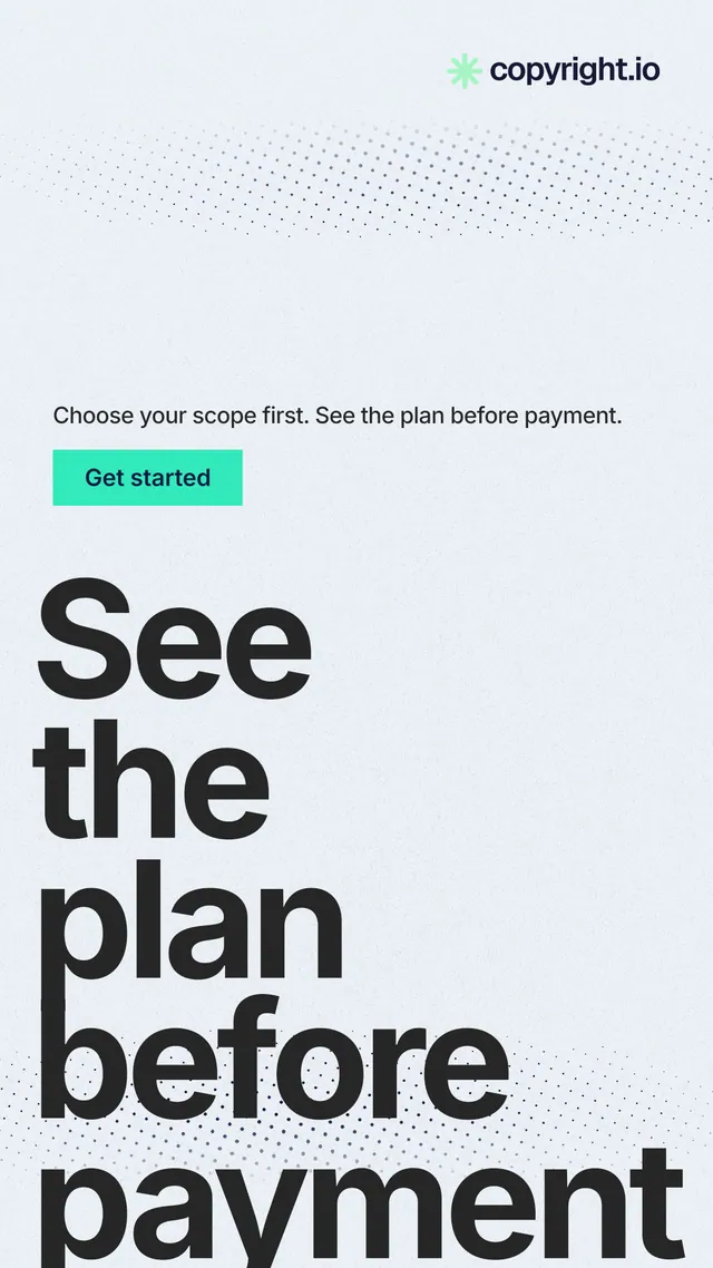 Instagram story for copyright.io: "See the plan before payment." Swiss style, oversized layout, light palette in white, grey.