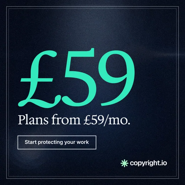 Instagram post for copyright.io: "Your content is being stolen. Put an agent on it." Dark deco style, stat layout, dark palette in blue, black, teal.