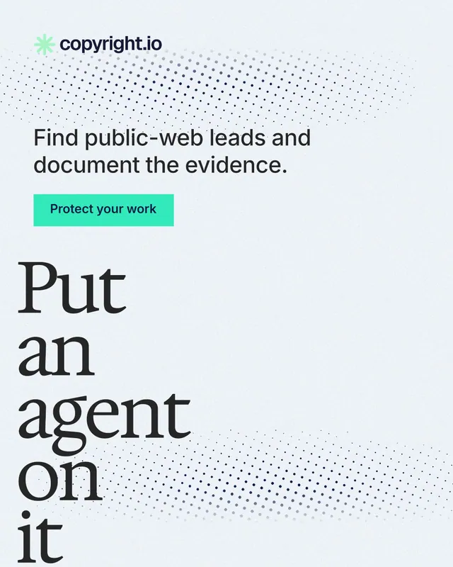 Instagram portrait post for copyright.io: "Put an agent on it." Swiss style, oversized layout, light palette in white, grey.