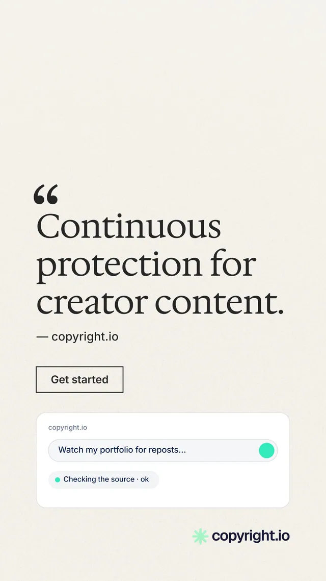 Instagram story for copyright.io: "Continuous protection for creator content." Editorial style, quote layout, light palette in white.