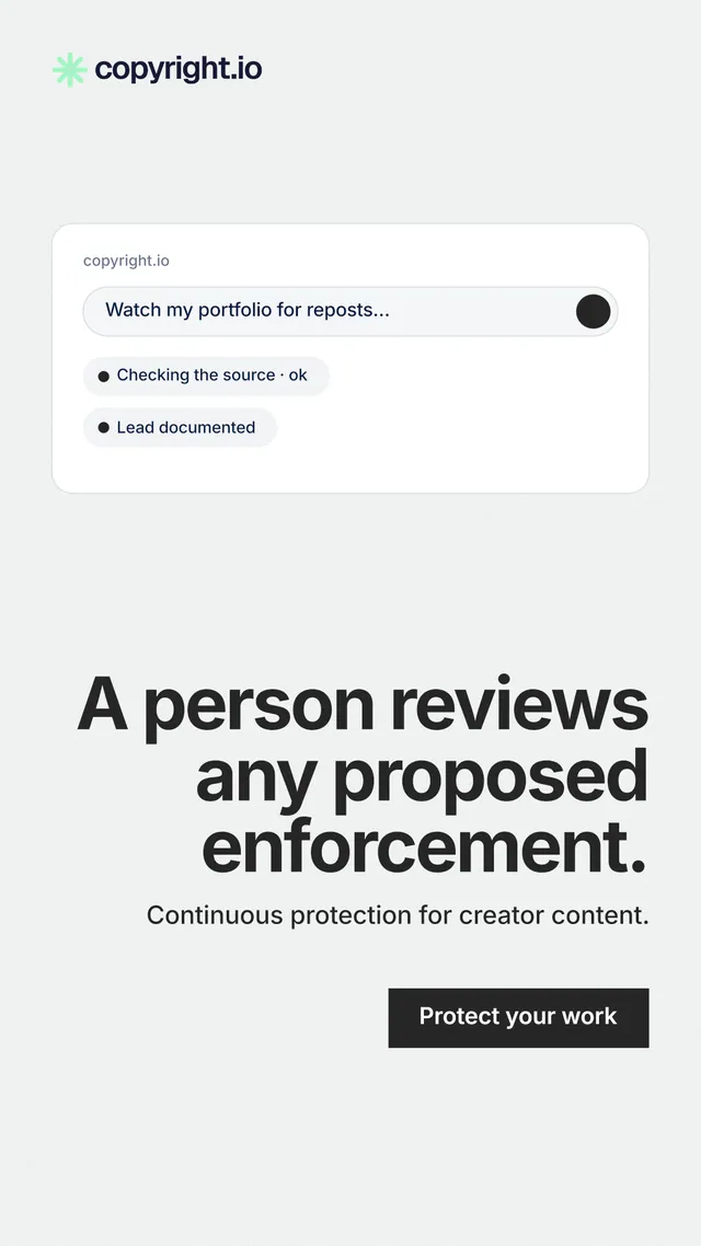 Instagram story for copyright.io: "A person reviews any proposed enforcement." Swiss style, right layout, light palette in white, grey.