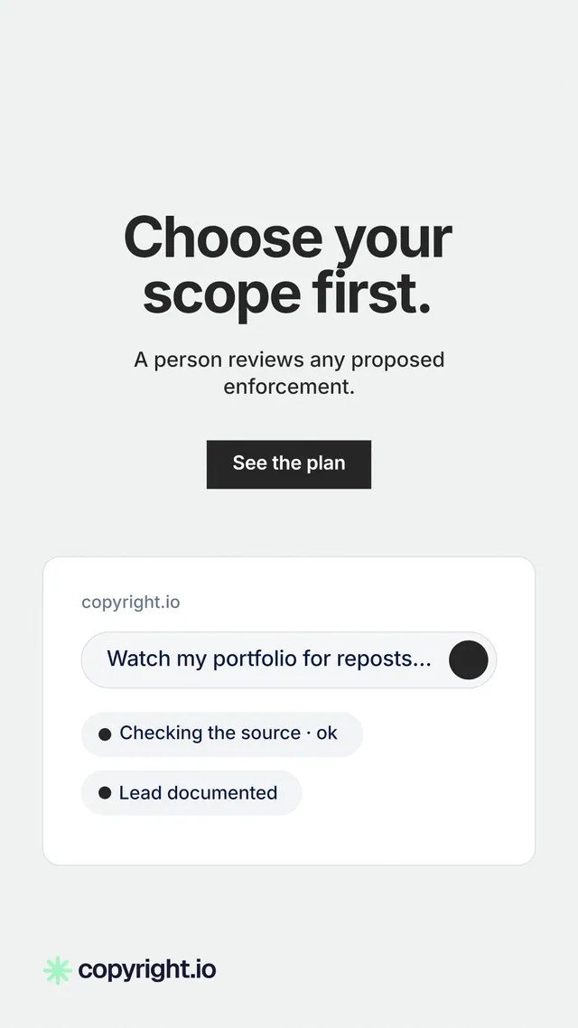 Instagram story for copyright.io: "Choose your scope first." Swiss style, centred layout, light palette in white.